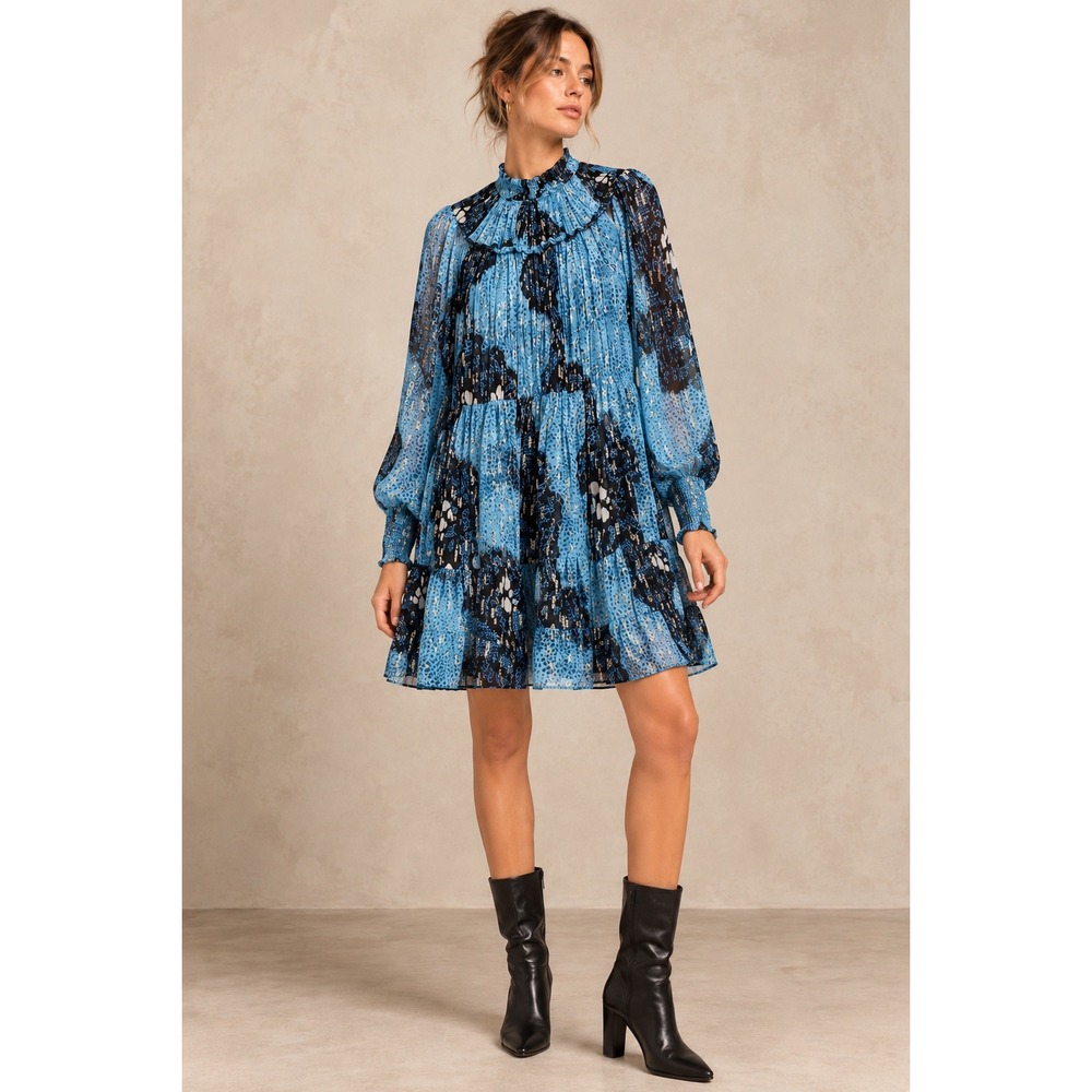 Ulla Johnson Indra Dress Size 0 Sky Blue Silk Lurex Metallic Tiered Mini